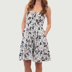 Eva Rose White & Black Floral Bee Print Pinup Fit and Flare Dress With Pockets